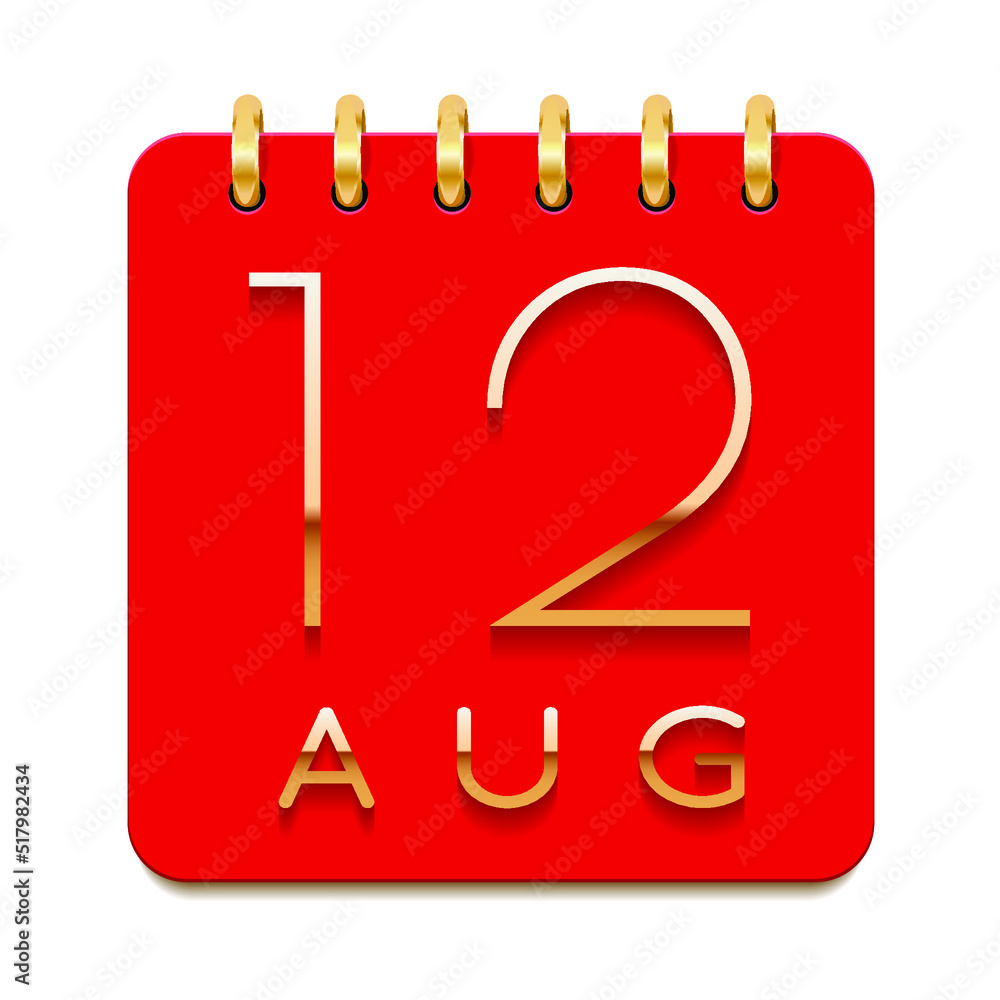 12 day of the month. August. Luxury calendar daily icon. Date day week Sunday, Monday, Tuesday, Wednesday, Thursday, Friday, Saturday. Gold text. Red paper. Vector illustration. 12 day of the month. August. Luxury calendar daily icon. Date day week Sunday, Monday, Tuesday, Wednesday, Thursday, Friday, Saturday. Gold text. Red paper. Vector illustration.