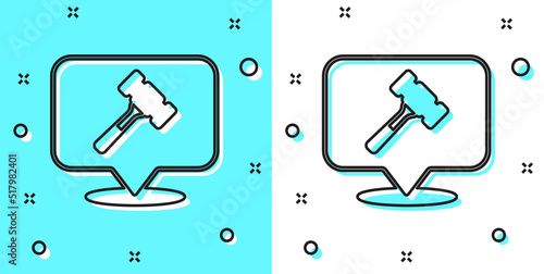 Black line Auction hammer icon isolated on green and white background. Gavel - hammer of judge or auctioneer. Bidding process, deal done. Auction bidding. Random dynamic shapes. Vector