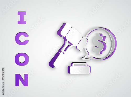 Paper cut Auction hammer price icon isolated on grey background. Gavel - hammer of judge or auctioneer. Bidding process, deal done. Auction bidding. Paper art style. Vector