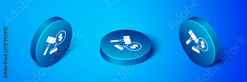 Isometric Auction hammer price icon isolated on blue background. Gavel - hammer of judge or auctioneer. Bidding process, deal done. Auction bidding. Blue circle button. Vector