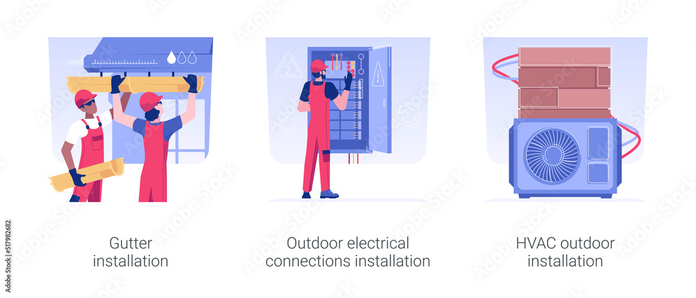 Exterior utilities in residential construction isolated concept vector illustration set. Gutter and water pipes installation, outdoor electrical wires, HVAC system in private house vector cartoon. Exterior utilities in residential construction isolated concept vector illustration set. Gutter and water pipes installation, outdoor electrical wires, HVAC system in private house vector cartoon.
