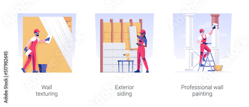 Exterior works in private house building isolated concept vector illustration set. Wall texturing, exterior siding, professional facade wall painting, residential construction vector cartoon.