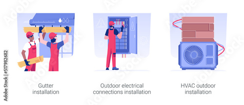 Exterior utilities in residential construction isolated concept vector illustration set. Gutter and water pipes installation, outdoor electrical wires, HVAC system in private house vector cartoon.