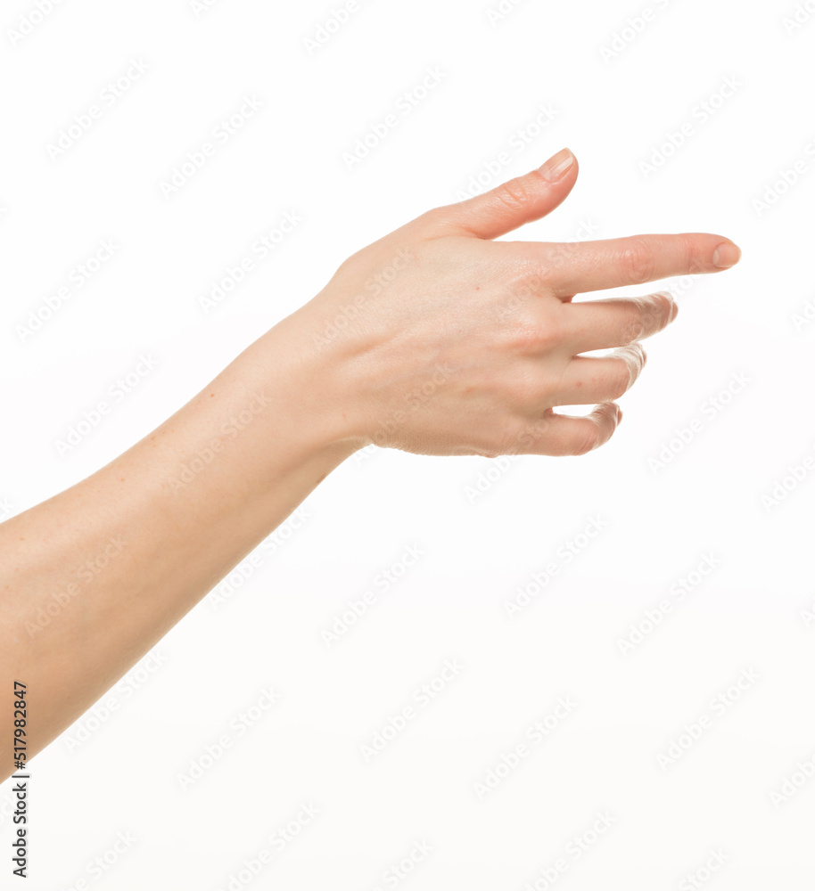 hands show gestures. female hands show gestures on a white background isolated.
