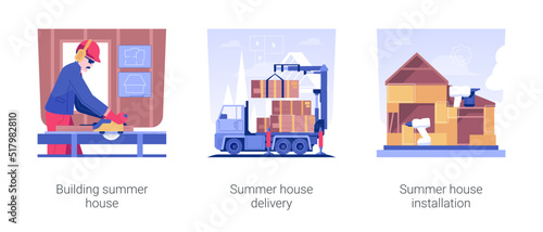 Residential construction isolated concept vector illustration set. Summer house building process, summer house delivery and installation, professional builders assembling panels vector cartoon.
