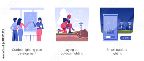 Outdoor landscape lighting isolated concept vector illustration set. Outdoor lighting plan development, laying out landscape lighting, smart pathways illumination control vector cartoon.