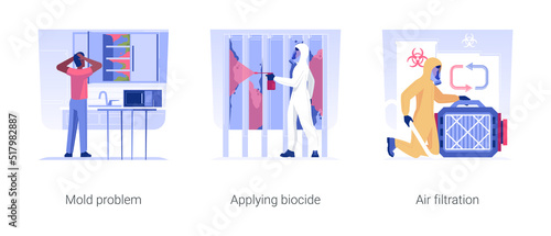 Mold removal in private house isolated concept vector illustration set. Mold problem, applying biocide, air filtration with Hepa filter, property maintenance service vector cartoon.
