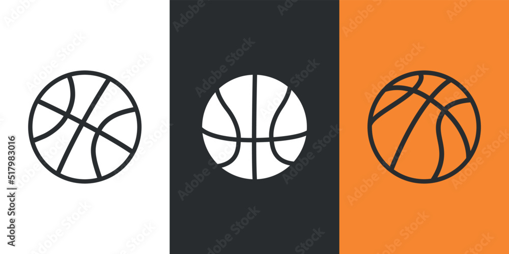 Basketball flat icons. Basketball balls on white, black and orange backgrounds. Vector illustration.