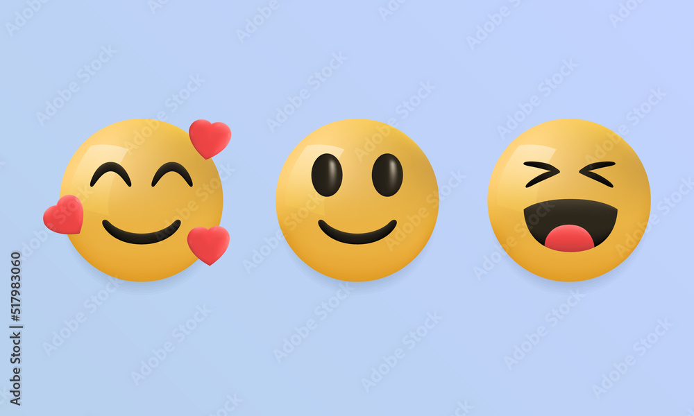 Set of 3 3d emojis for social media, app and web design. Smiling face, with hearts, laughter emojis. Vector illustration Set of 3 3d emojis for social media, app and web design. Smiling face, with hearts, laughter emojis. Vector illustration