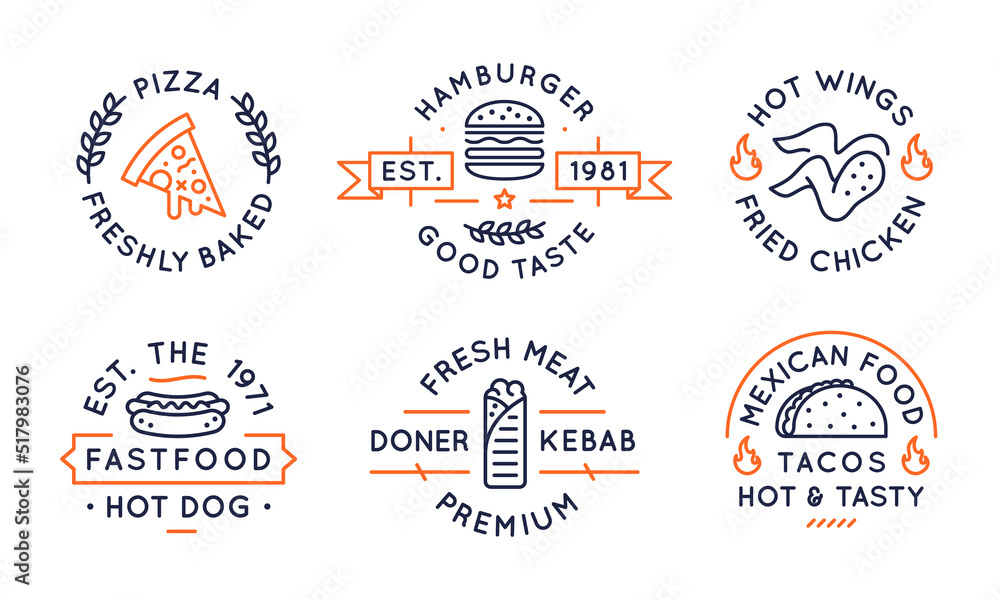 Fast food logos, labels, icons. Collection of 6 fast food logotypes designed for food establishments. Pizza, fried chicken, hot dog, kebab, burgers and tacos logos. Vector illustration. 