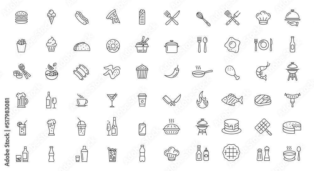 Food icons. Collection of 60 lined food icons isolated on white background. Restaurant, kitchen, bar-related icons. Food, beverage, utensils. Vector illustration
