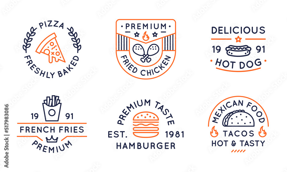 Fast food logos, labels, icons. Collection of 6 fast food logotypes designed for food