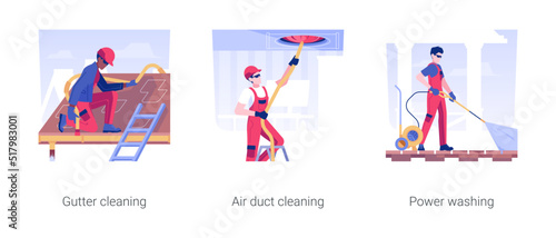Property cleaning services isolated concept vector illustration set. Gutter and air duct cleaning, power washing, mold removal, private house maintenance, household chores vector cartoon.