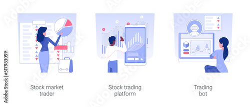 Stock market isolated concept vector illustration set. Stock market trader, trading platform, automated trading system, investment process, raising money, statistics and analytics vector cartoon. © Vector Juice