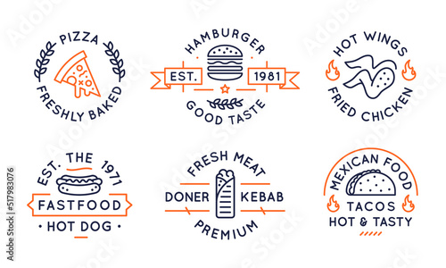 Fast food logos, labels, icons. Collection of 6 fast food logotypes designed for food establishments. Pizza, fried chicken, hot dog, kebab, burgers and tacos logos. Vector illustration. 