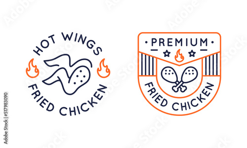 Fried chicken logos, labels, icons. Lined logotypes designed for related food establishments. Hot wings and fried legs logos. Vector illustration. 
