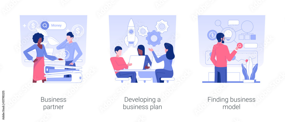 Raising money for startup isolated concept vector illustration set. Business partner, develop business plan, finding model and investment strategy, cooperation and collaboration vector cartoon.