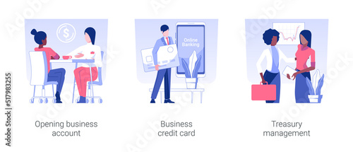 Bank services for business isolated concept vector illustration set. Opening business account, credit card, treasury management, commercial bank, financial literacy, cash management vector cartoon.