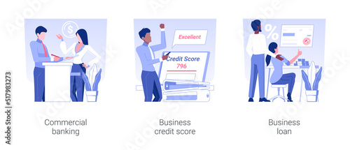 Corporate banking isolated concept vector illustration set. Commercial banking, business credit score, getting loan, financial services online, successful deal and agreement vector cartoon.