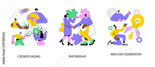 Cooperation and teamwork abstract concept vector illustration set. Crowdfunding and partnership, new idea generation, collect donations, business venture, entrepreneurship success abstract metaphor.