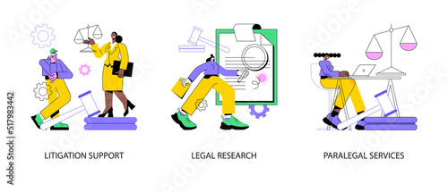 Law firm abstract concept vector illustration set. Litigation support, legal research, paralegal services, forensic accounting, consulting, data collection, attorney legal work abstract metaphor.