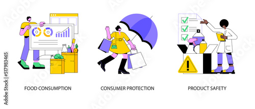 Customer choice abstract concept vector illustration set. Food consumption, consumer protection, product safety, nutrition habit, buyers rights, safe online purchase, certification abstract metaphor.