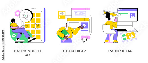 Mobile app development process abstract concept vector illustration set. React native mobile app, experience design, usability testing, user interface, software architecture abstract metaphor.