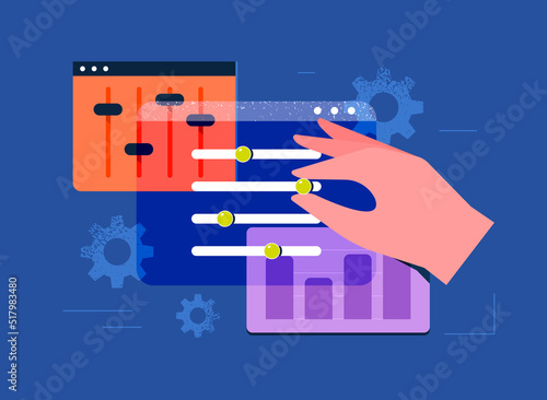 Customization concept. Hand adjusting slider buttons, changing application settings on the screen. Customizing user interface with toggle switch. App configuration. Isolated flat vector illustration