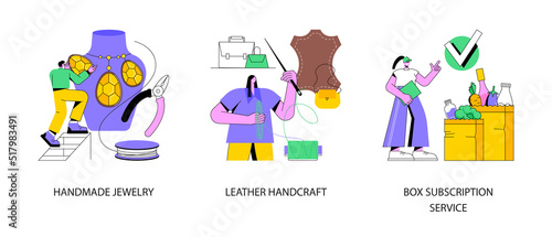 Handmade products and shopping service abstract concept vector illustration set. Handmade Jewelry, leather handcraft, box subscription service, artisan goods, custom order delivery abstract metaphor.