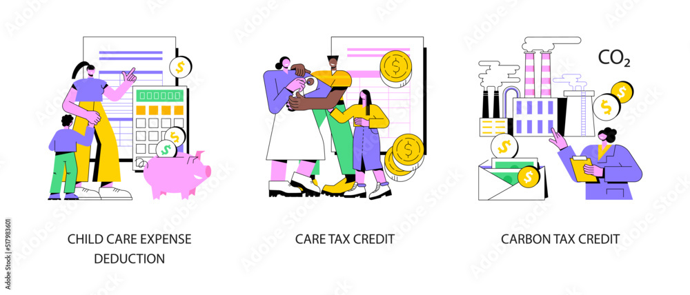 Family support abstract concept vector illustration set. Child care expense deduction, care and carbon tax credits, taxable income, family budget, bank transfer, paycheck abstract metaphor.