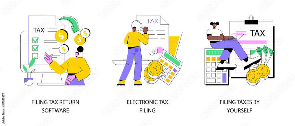 Filing taxes by yourself abstract concept vector illustration set. Filing tax return software, electronic documents, gather paperwork, e-file earnings statement, IRS form abstract metaphor.