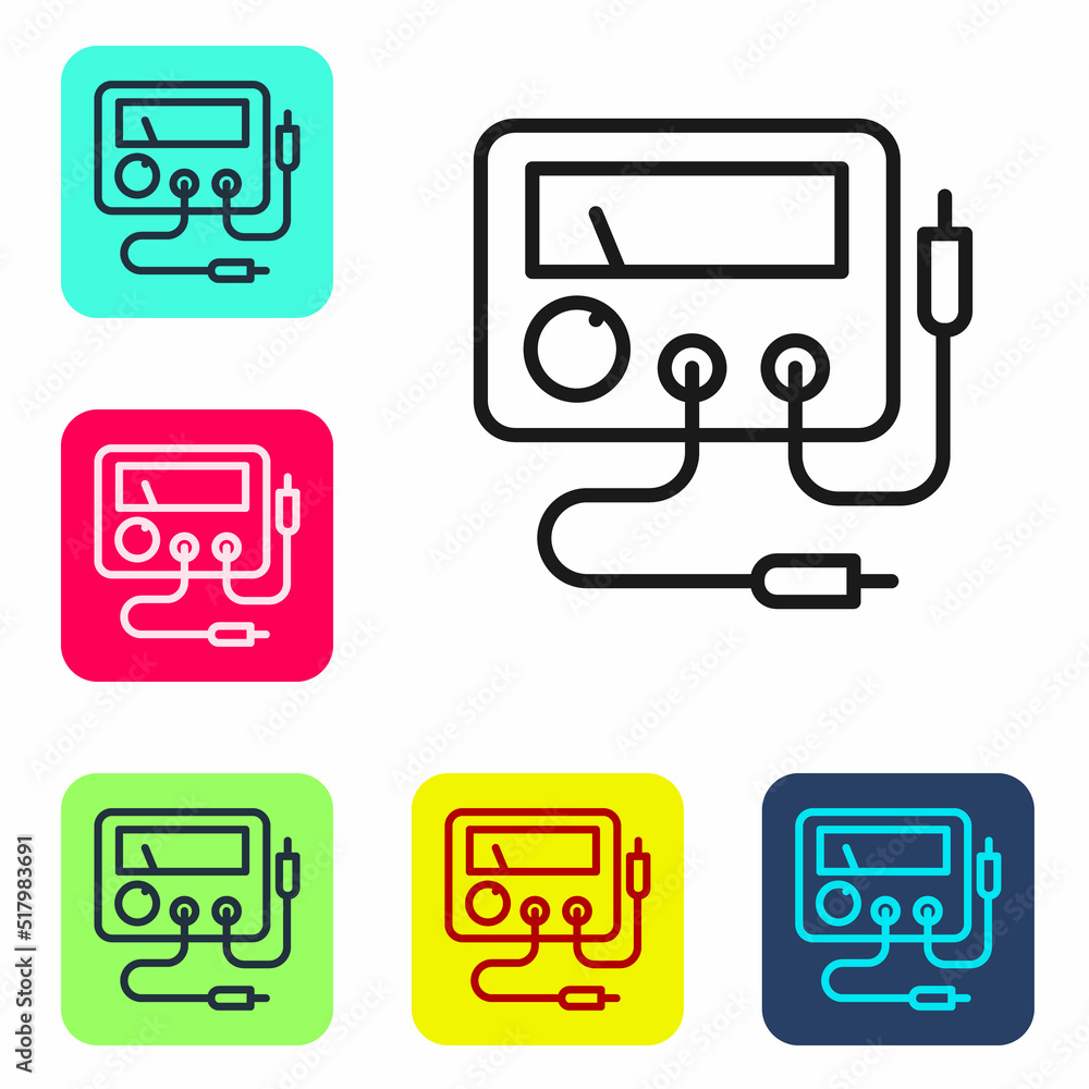Black line Ampere meter, multimeter, voltmeter icon isolated on white background. Instruments for measurement of electric current. Set icons in color square buttons. Vector Black line Ampere meter, multimeter, voltmeter icon isolated on white background. Instruments for measurement of electric current. Set icons in color square buttons. Vector