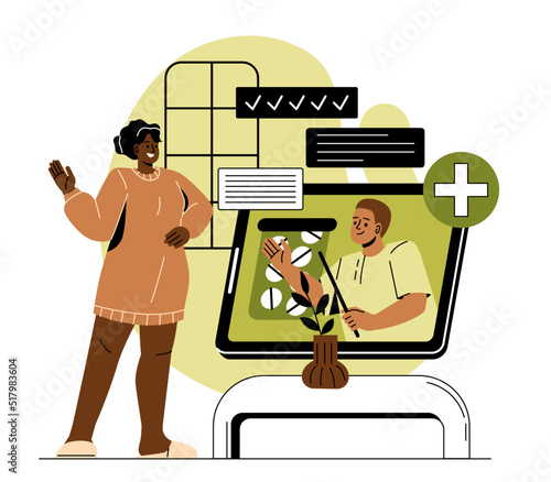 Online medical service. Young woman conducts remote consultation with her doctor or general practitioner. Therapist on videoconference treats patient. Cartoon flat vector illustration in doodle style