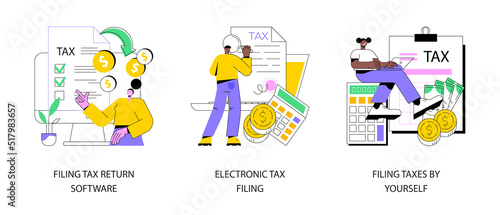 Filing taxes by yourself abstract concept vector illustration set. Filing tax return software, electronic documents, gather paperwork, e-file earnings statement, IRS form abstract metaphor.