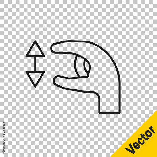 Black line Human standing and showing the size of something with his hands icon isolated on transparent background. Approximate measurements. Vector
