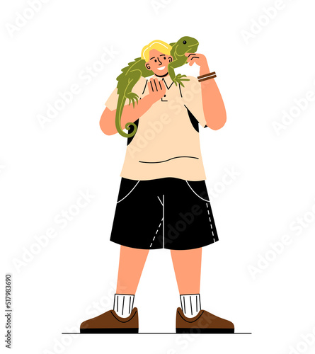 Person with their pet. Happy young guy playing with his lizard or iguana. Owner loves and cares for his exotic wild animal. Character friends with pet. Cartoon flat vector illustration in doodle style