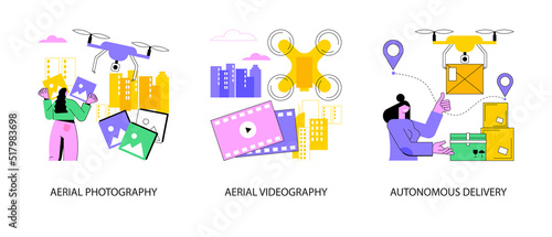 Drone service abstract concept vector illustration set. Aerial photography and videography, autonomous delivery, video production, commercial shooting, automated courier service abstract metaphor.