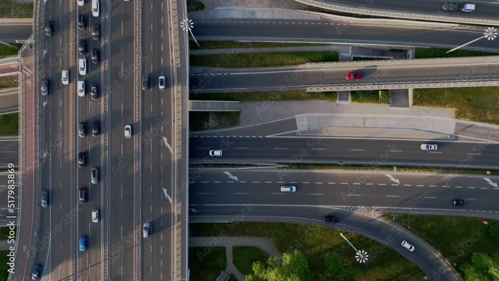 Aerial drone top view of highway multilevel junction in urban populated area, Warsaw, Poland Aerial drone top view of highway multilevel junction in urban populated area, Warsaw, Poland