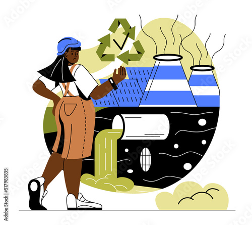 Sustainable lifestyle concept. Young woman dissatisfied with state of nature. Factories pollute environment with emissions and smoke. Save planet. Cartoon flat vector illustration in doodle style