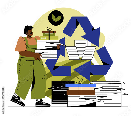 Sustainable lifestyle concept. Young guy or teenager holding stack of waste paper for recycling. Reuse paper and save planet. Caring for environment. Cartoon flat vector illustration in doodle style