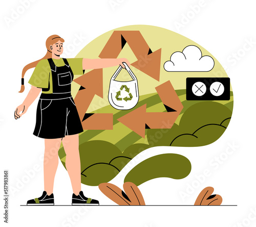 Sustainable lifestyle concept. Woman uses reusable shopping bag or shopper. Refusal of plastic bags. Zero waste. Character cares about environment. Cartoon flat vector illustration in doodle style