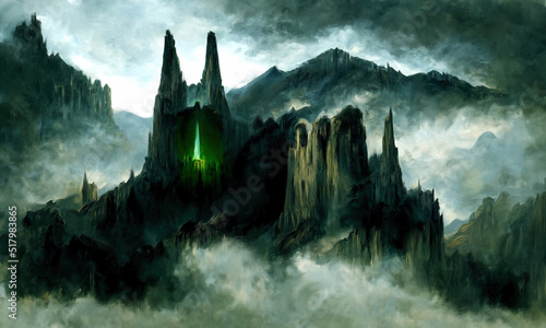 Oil Painting of a Haunted Castle with a green glow among sharp jagged peaks and fog