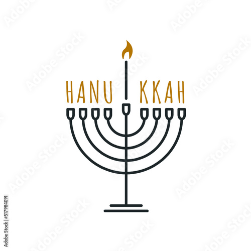 Happy Hanukkah line art design. Menorah candle holder with flame and text. Jewish Family celebrate Religion Holiday. Element of decor thin line. Vector illustration on white background