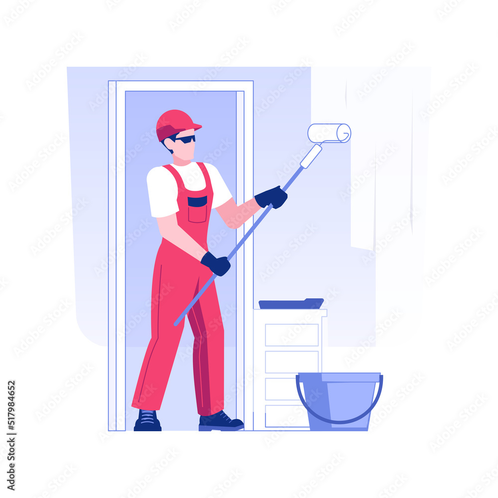 Finish coat isolated concept vector illustration. Smiling repairman applying a paint on the walls, rough interior works, private house building, construction process vector concept.
