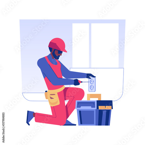 Sockets installation isolated concept vector illustration. Repairman installing a socket using a screwdriver, domestic electrician, private house building, interior works vector concept.