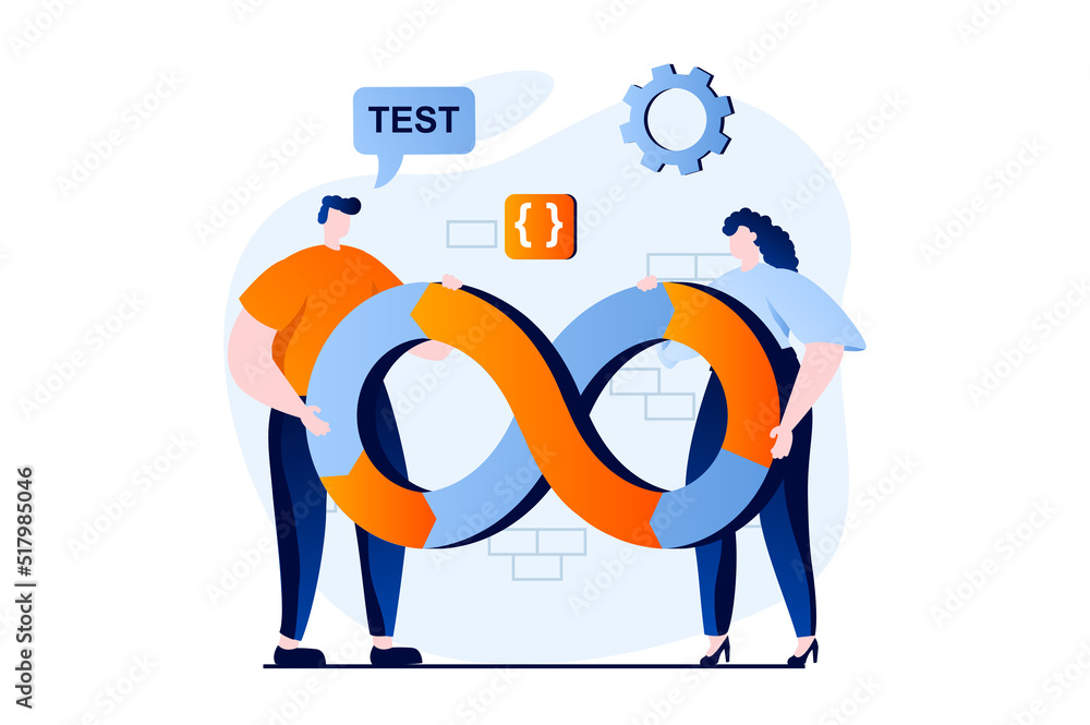 DevOps concept with people scene in flat cartoon design. Man and woman working together, administer and optimize effective programming work in IT company. Vector illustration visual story for web DevOps concept with people scene in flat cartoon design. Man and woman working together, administer and optimize effective programming work in IT company. Vector illustration visual story for web