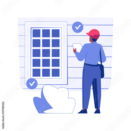 Home inspector isolated concept vector illustration. Man examines home condition outdoors, inspection service worker, private house construction, residential area building vector concept. photo