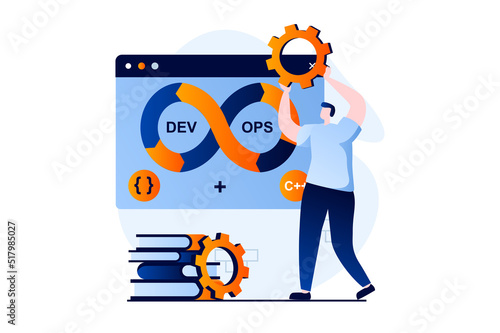 DevOps concept with people scene in flat cartoon design. Man optimizes software creating processes, implements practices of development operations in company. Vector illustration visual story for web