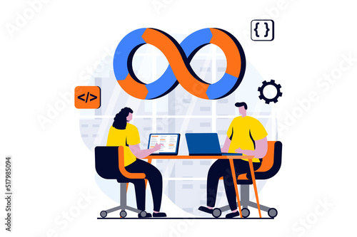 DevOps concept with people scene in flat cartoon design. Woman and man coding and programming apps at laptops in office and practice development operations. Vector illustration visual story for web