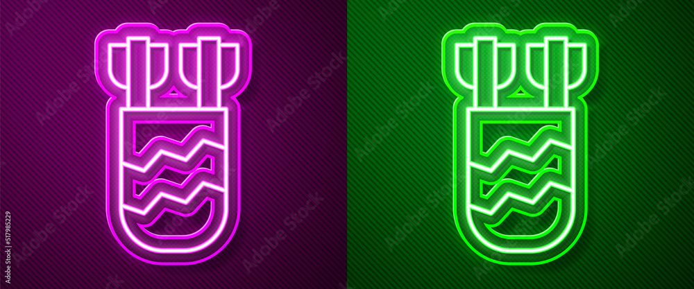 Glowing neon line Quiver with arrows icon isolated on purple and green background. Vector Glowing neon line Quiver with arrows icon isolated on purple and green background. Vector